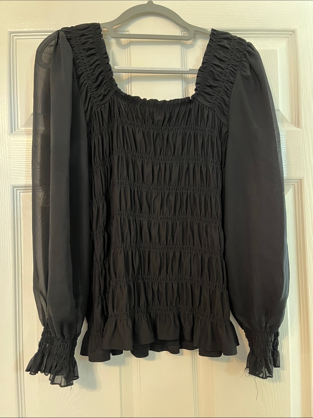 Black Smocked Square-Neck Blouse with Sheer Bishop Sleeves - Picture 4 of 4